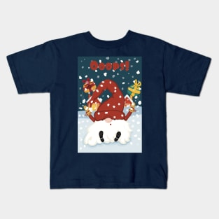 Ooops! Santa falling in the snow when bringing out the presents. Winternight. Kids T-Shirt